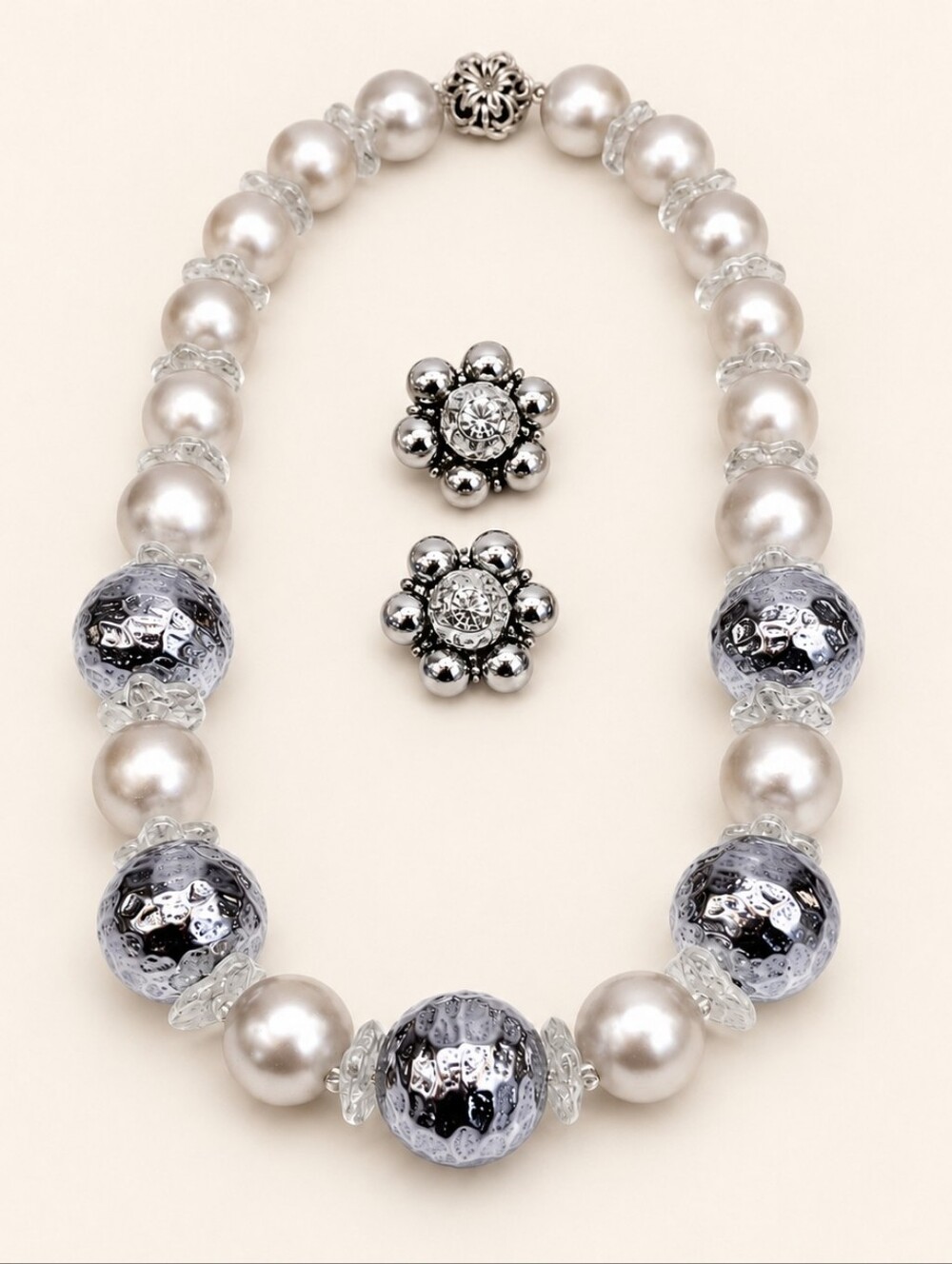 D'Orlans Gorgeous Pearl and Silver Floral Necklace Set White and Silver